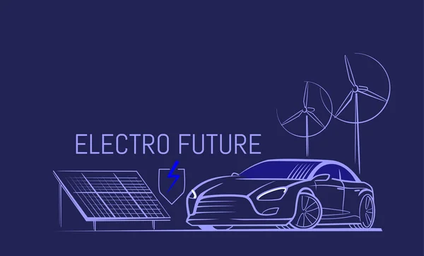 Ligne de voiture électrique. Eco énergie de la nature. Panneau solaire et éolienne. — Image vectorielle