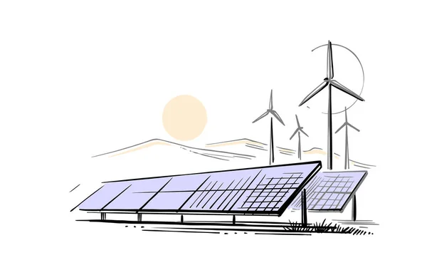 Turbiny wiatrowe i panele słoneczne wektor szkicowy — Wektor stockowy