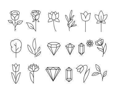 Flower line and gemstones jewelry. Vector 