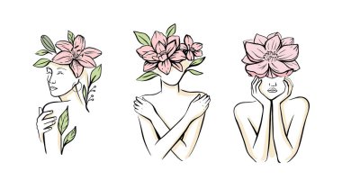 Çiçekli soyut bir yüz. Asgari portre ve vücut biçimi. 