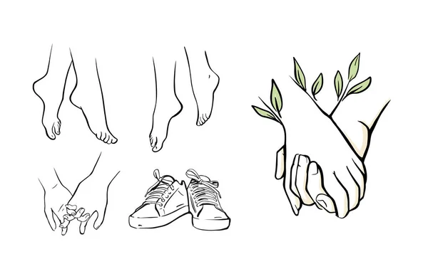 Arms and legs drawing vector set line. Love concept with sneakers — ストックベクタ