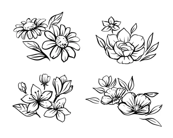 Set de flores vector de bocetos. Composición floral — Vector de stock