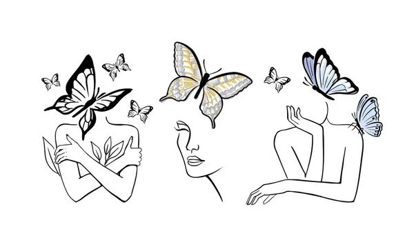 Бабочки и женщины рисуют. Линейное искусство тела и лица женщины — стоковый вектор