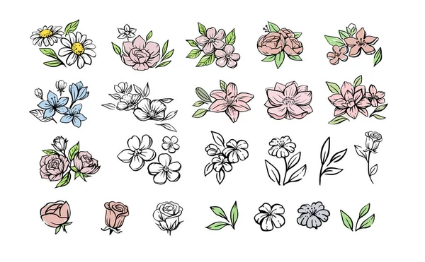 Flower Set sketch vector. Big floral composition — Stok Vektör