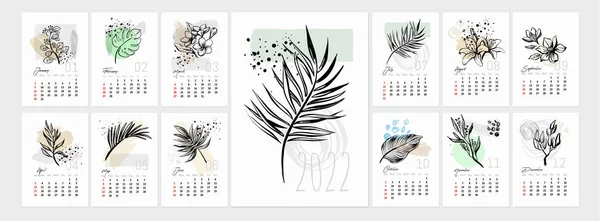 Vector art tropical flower Calendar 2022 year. Leaf tropic on geometric shapes background. — Stock Vector