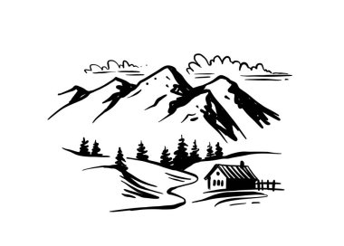Büyük dağ vektörlü manzara. Evle birlikte doğa eskizi. El çizimi mürekkep çizimi