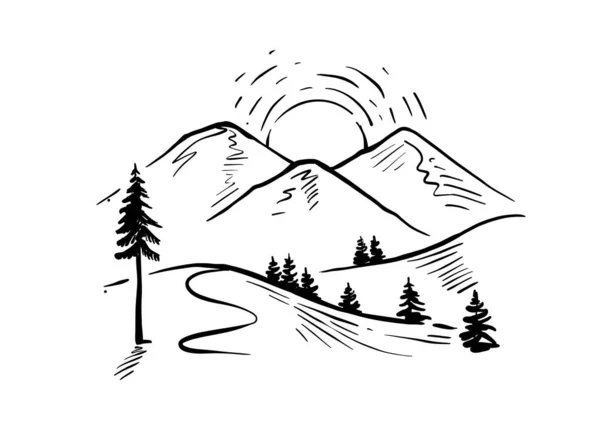 Paysage dessiné à la main avec vecteur de montagnes. Pics rocheux avec des arbres — Image vectorielle