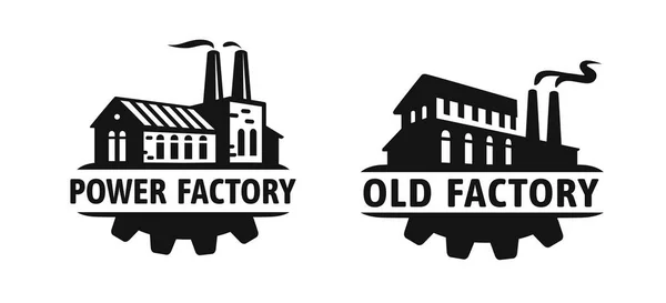 Old factory vector black logo. Industrial manufacturing building — Stock Vector