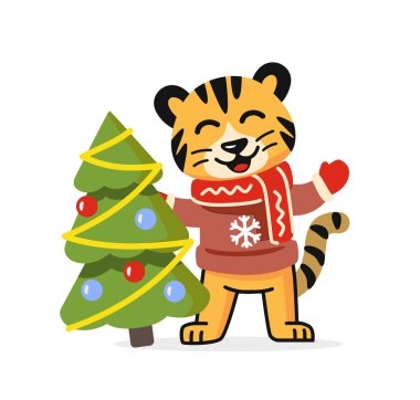 2022 'nin sembolü. Yılbaşı kartı. Kaplan ve Noel ağacı..