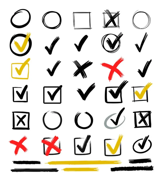 Controleer met de hand getekende tekens vector. Doodle mark voor lijst items, checkbox krijt. — Stockvector