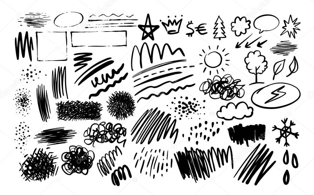 Textures doodle hand-drawn collection vector. Swirling and straight shapes elements.