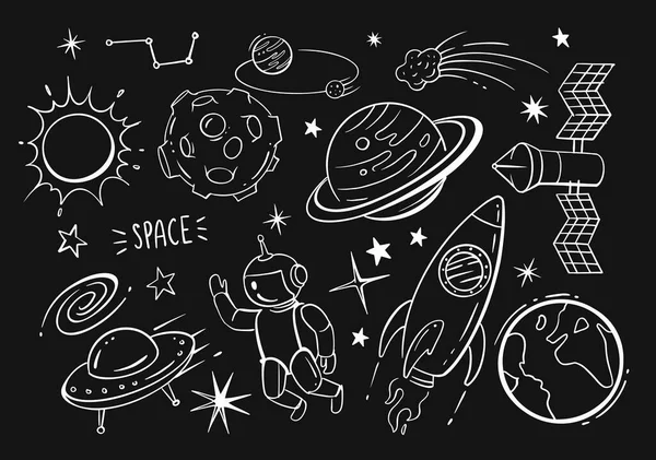 Mão desenhado vetor doodles cartoon conjunto de espaço no fundo preto. — Vetor de Stock