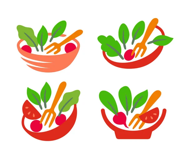 Ensalada vegana logos vector. Comida saludable en tazón. — Vector de stock