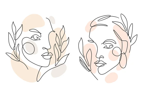 Les femmes font face à un art linéaire avec des feuilles. Vecteur Style continu — Image vectorielle