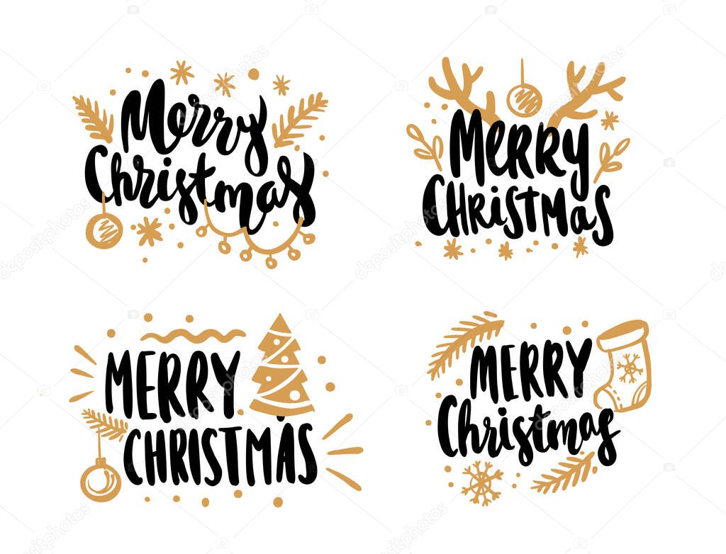 Merry Christmas calligraphic vector lettering text design cards set.