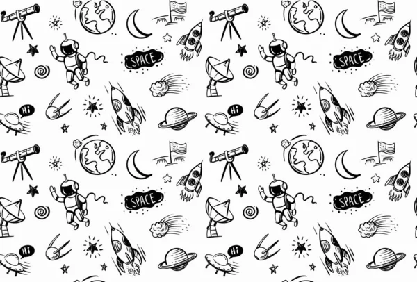 Naadloos patroon met doodles cartoon set van ruimte — Stockvector