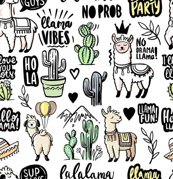 Lama, alpaga, cactus et feuilles motif sans couture — Image vectorielle