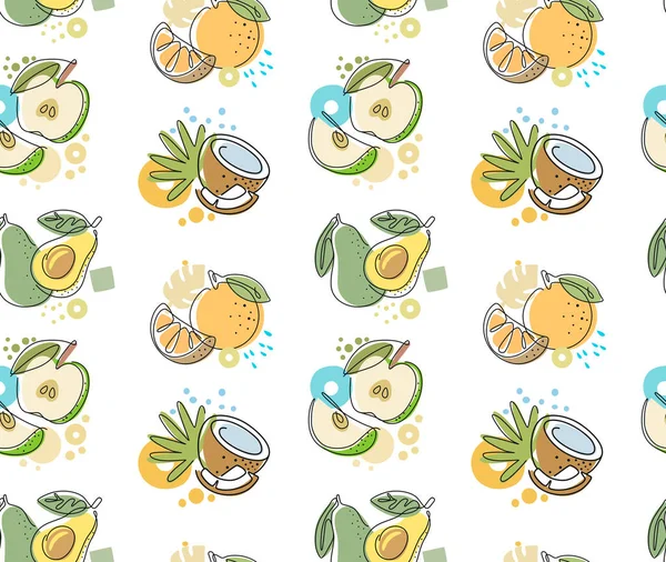 Płynny wzór z jabłkiem owocowym, awokado, pomarańcza, kokos — Wektor stockowy