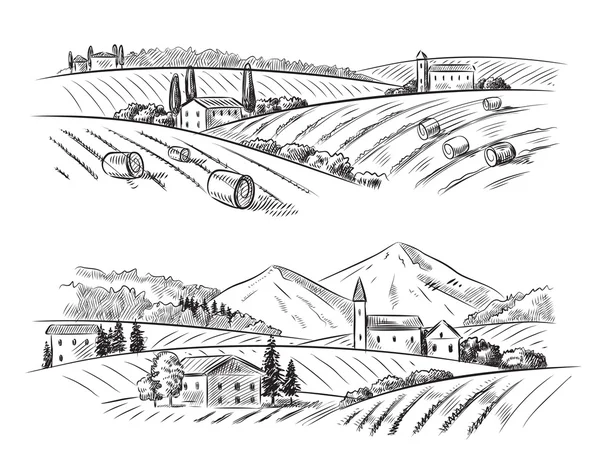 Croquis vectoriel village et nature — Image vectorielle