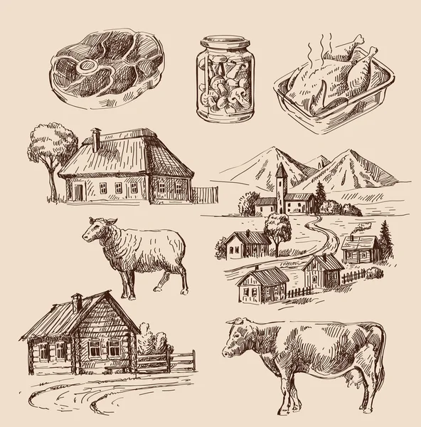 Bauernhof und Tiere von Hand gezeichnet — Stockvektor