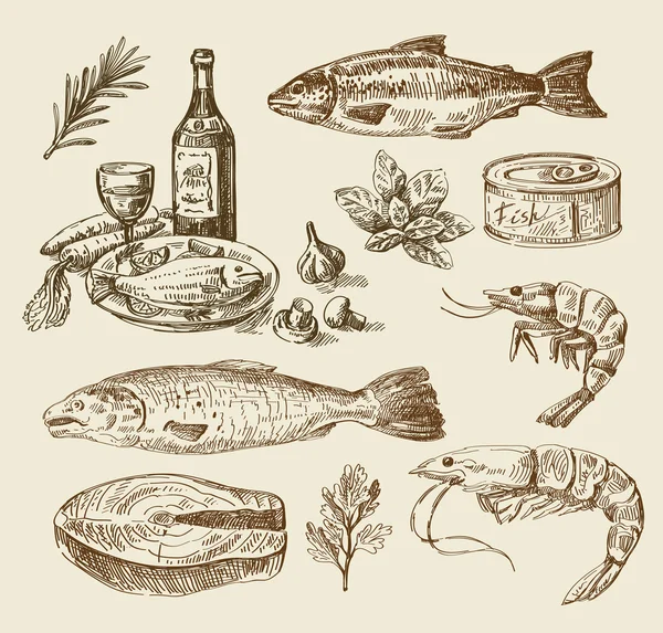 Bosquejo de comida marina dibujado a mano — Vector de stock