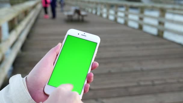 Woman holding green screen display mobile smart phone — Stock Video