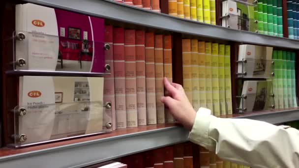 Γυναίκα παίρνει κάποια palatte χρωματικές κλίμακες μέσα στο Home depot κατάστημα — Αρχείο Βίντεο