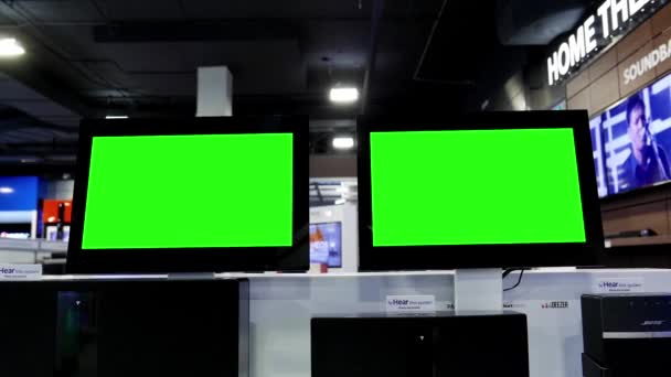 Pantalla tv con pantalla verde en el interior Mejor tienda de compra — Vídeos de Stock