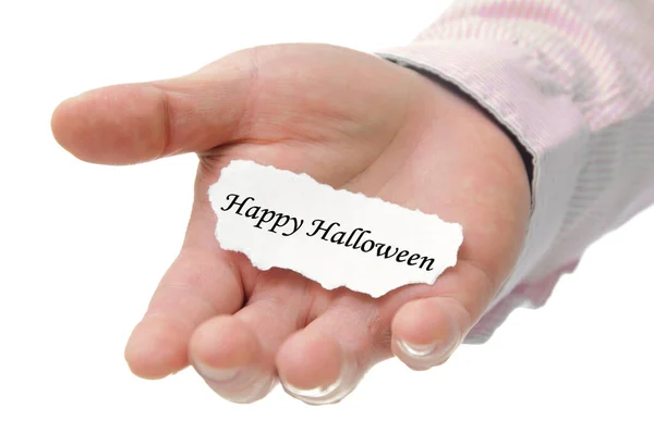 Hombre Negocios Sosteniendo Nota Halloween Feliz Mano —  Fotos de Stock