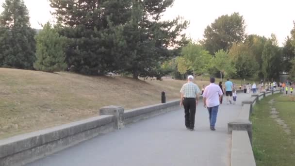 As pessoas caminham no parque ao lado de um lago — Vídeo de Stock