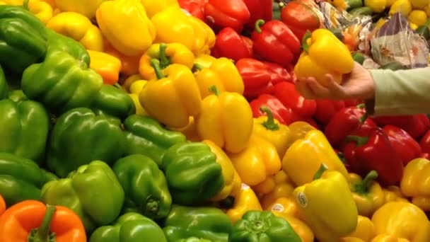 Woman selecting yellow peppers in grocery store — Stock Video