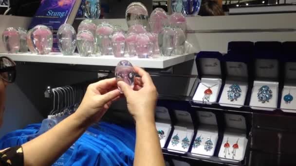 Femme vérifiant le prix des méduses accessoire cadeau à l'intérieur boutique de cadeaux . — Video