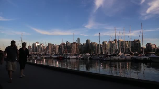 Mensen joggen in het Stanley park in de schemering — Stockvideo