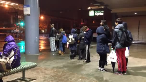 Människor line up för väntande buss — Stockvideo