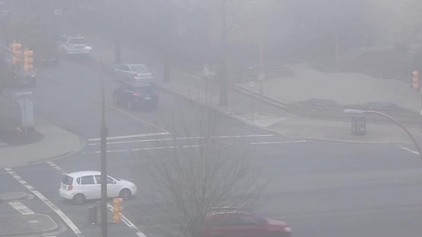 Top shot de coche de conducción a través de una intersección con la niebla pesada — Vídeos de Stock