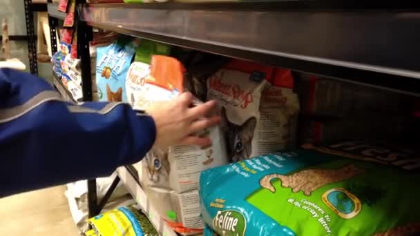 Man kopen draagstoel van de kat op pet store in Coquitlam Bc Canada. — Stockvideo