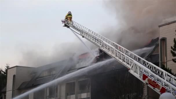 Tripulación de bomberos luchando contra incendio complejo de apartamentos — Vídeo de stock