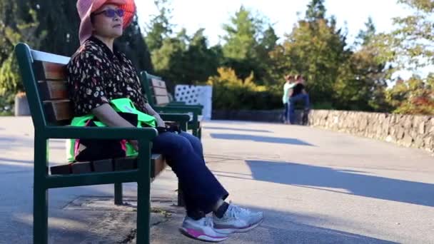 Vieille femme assise sur un banc au parc avec mouvement pan shot . — Video