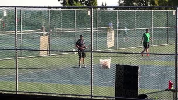 Люди играют в теннис в парке в Ванкувере . — стоковое видео