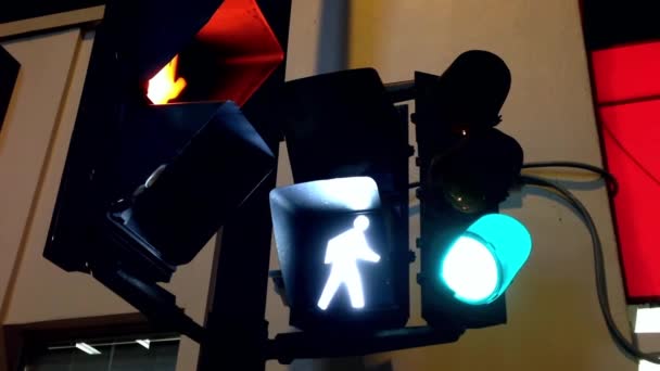 Stoplight tornando-se verde para vermelho à noite — Vídeo de Stock