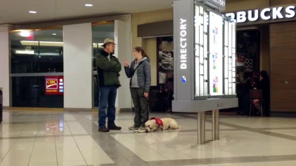 Motion of guide dog and people in front of starbucks coffee inside shopping mall — Stock Video