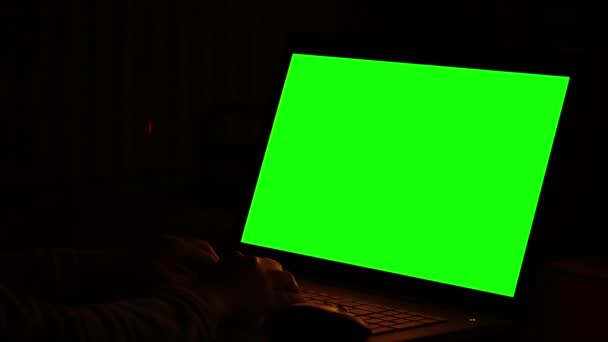 緑のモニターの前で夜に働く女性 — ストック動画