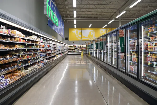 Mejeri och fozen mat korridor i spara på livsmedel — Stockfoto