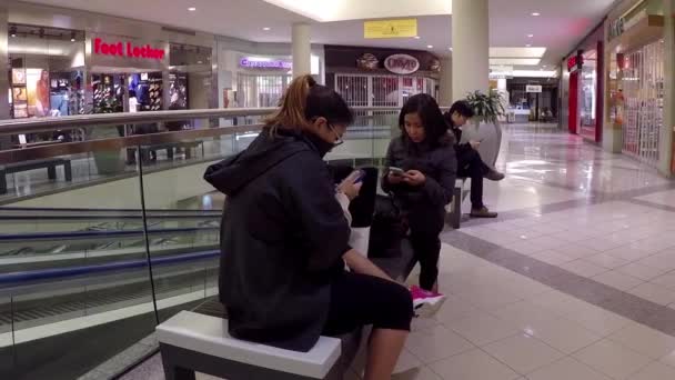 Femme vérifiant message de téléphone portable à l'intérieur du centre commercial — Video