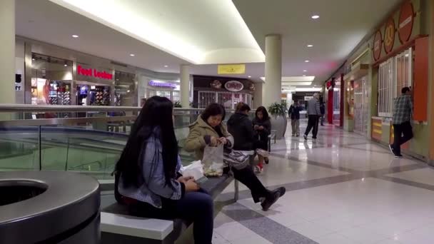 Woman checking cellphone message inside shopping mall — Stock Video