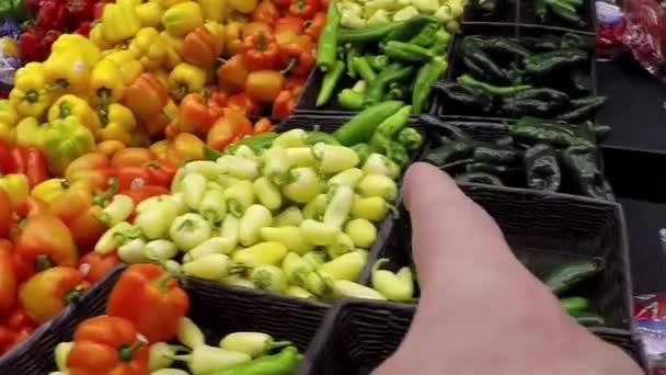 Hand pekar följetong om att plocka orange paprika — Stockvideo