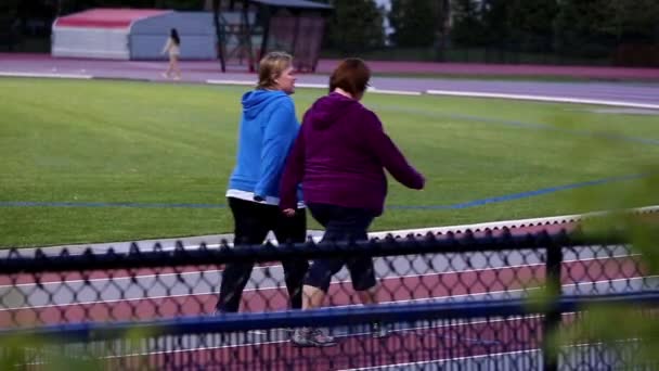 Prendre la vidéo derrière l'arbre sur les gens qui marchent sur le terrain de sport — Video