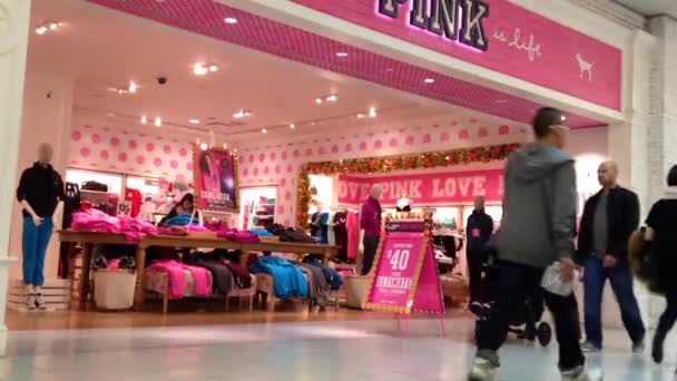 Shopper inside Metropolis shopping mall in front of Pink store — Stock Video