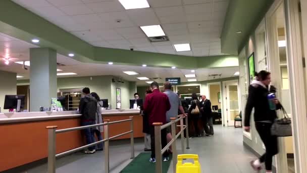 Mitarbeiter am Serviceschalter im Gespräch mit der Bankangestellten in der td bank — Stockvideo