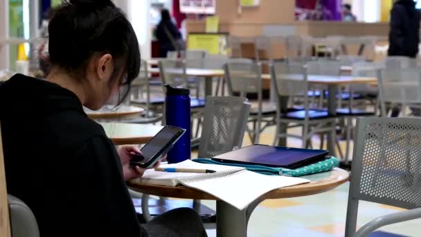 Mujer leyendo mensaje en el teléfono móvil en la cafetería moderna patio de comidas centro comercial — Vídeo de stock